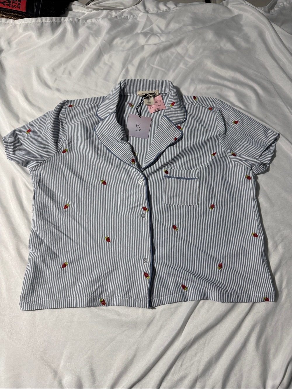 Happily Grey Embroidered Strawberry Stripe Button-Up Shirt Large NWT Boxy Chic